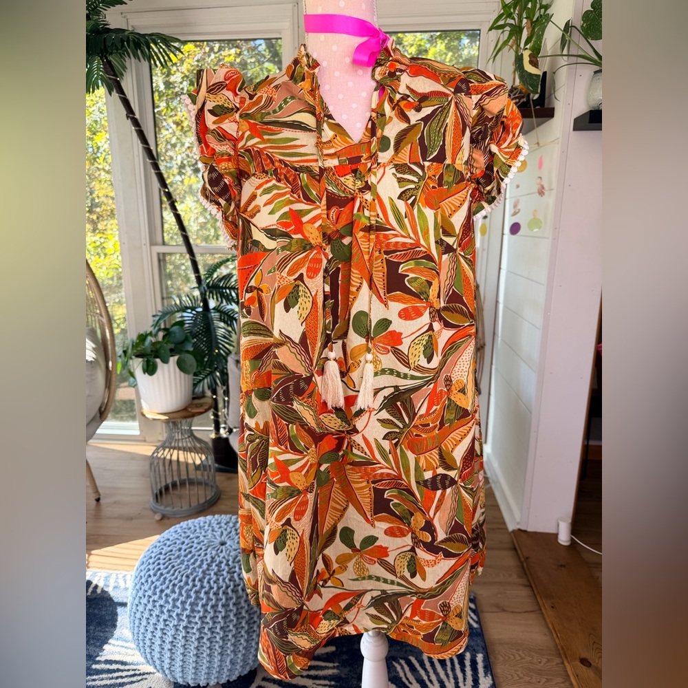 THML Leaf Print Mini Dress - Orange, Green, Cream Size Medium NWT